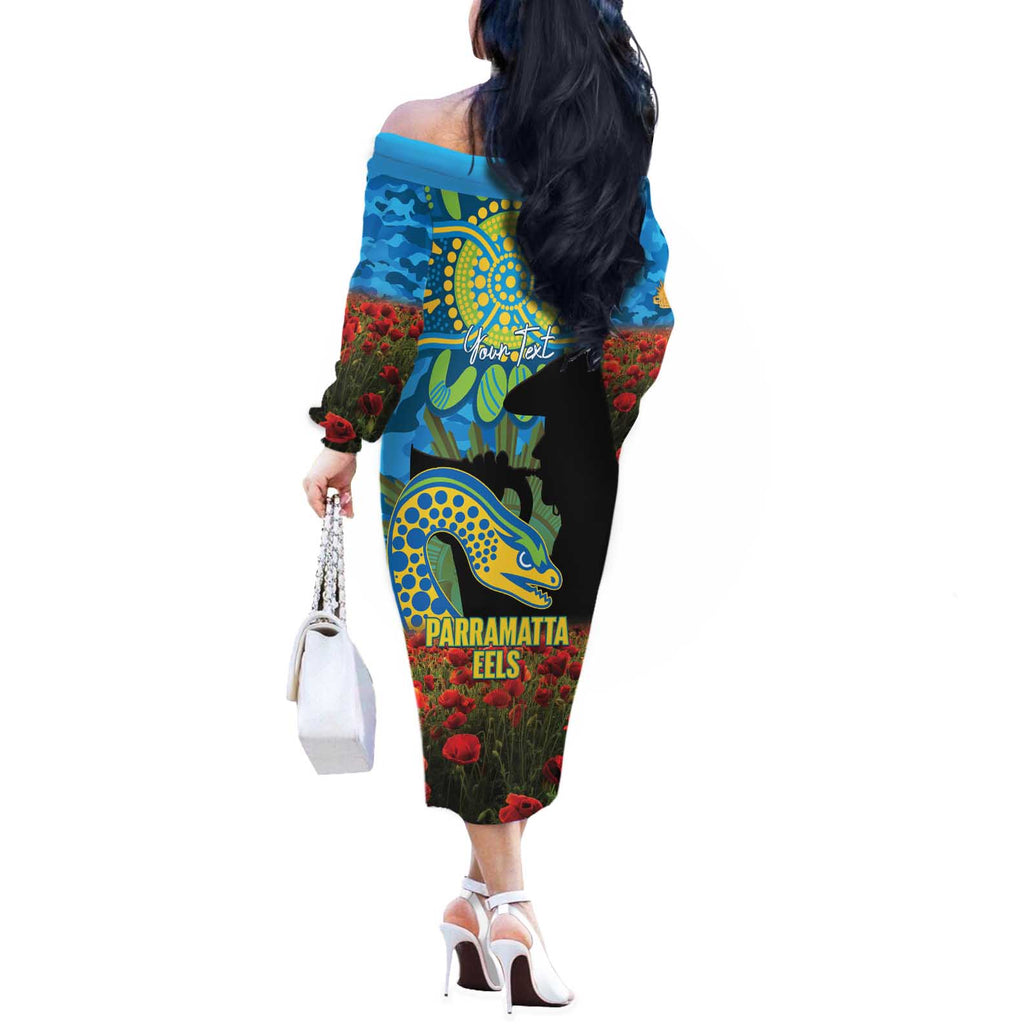 Personalised Parramatta Eels Rugby ANZAC Day Off The Shoulder Long Sleeve Dress Last Post Poppy We Will Remember Them