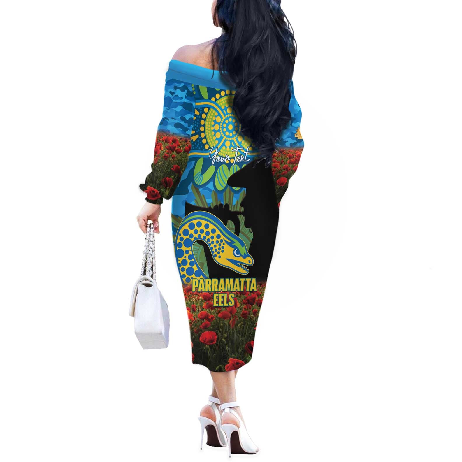 Personalised Parramatta Eels Rugby ANZAC Day Off The Shoulder Long Sleeve Dress Last Post Poppy We Will Remember Them