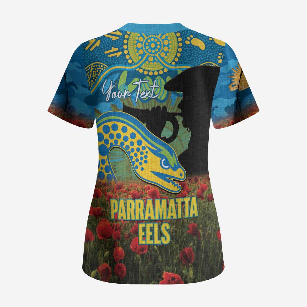 Personalised Parramatta Eels Rugby ANZAC Day Scrub Top Last Post Poppy We Will Remember Them