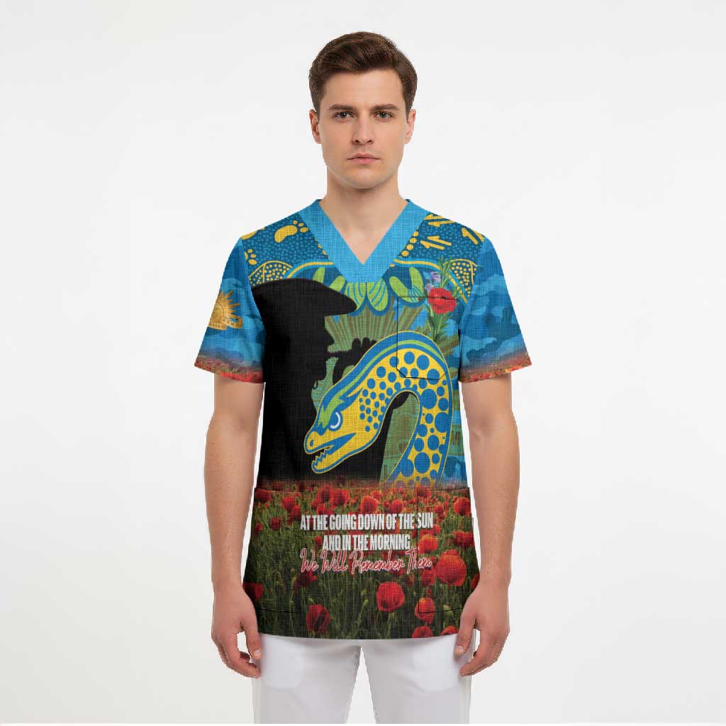 Personalised Parramatta Eels Rugby ANZAC Day Scrub Top Last Post Poppy We Will Remember Them