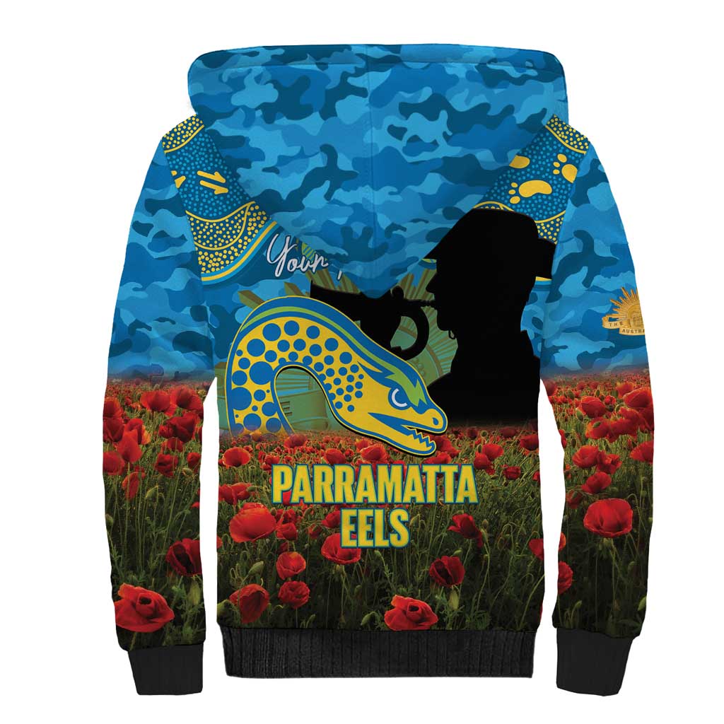 Personalised Parramatta Eels Rugby ANZAC Day Sherpa Hoodie Last Post Poppy We Will Remember Them