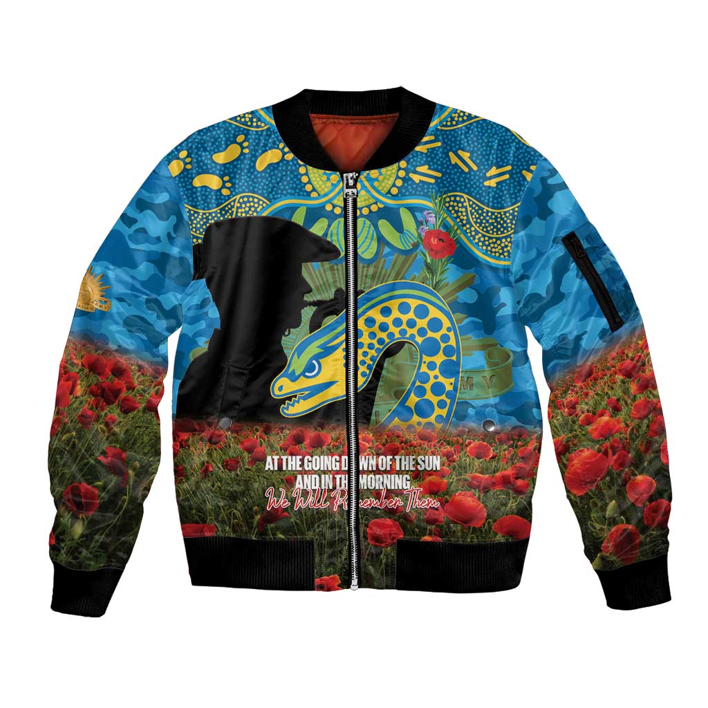 Personalised Parramatta Eels Rugby ANZAC Day Sleeve Zip Bomber Jacket Last Post Poppy We Will Remember Them