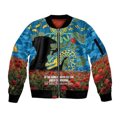 Personalised Parramatta Eels Rugby ANZAC Day Sleeve Zip Bomber Jacket Last Post Poppy We Will Remember Them