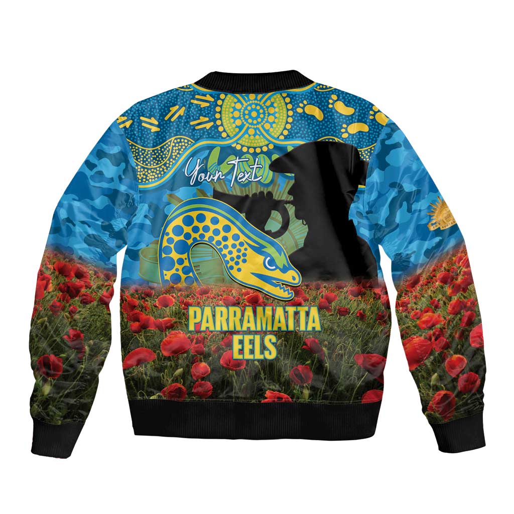 Personalised Parramatta Eels Rugby ANZAC Day Sleeve Zip Bomber Jacket Last Post Poppy We Will Remember Them