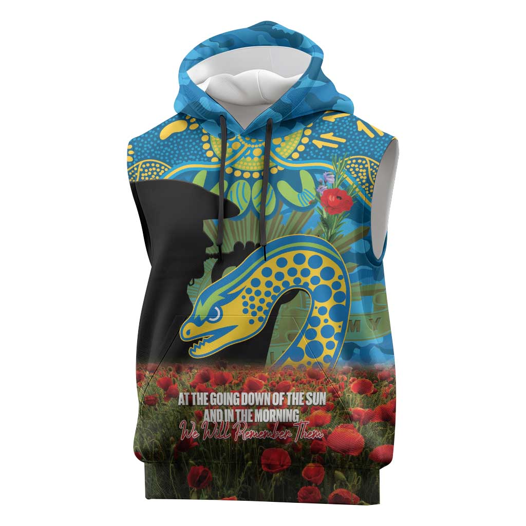 Personalised Parramatta Eels Rugby ANZAC Day Sleeveless Hoodie Last Post Poppy We Will Remember Them