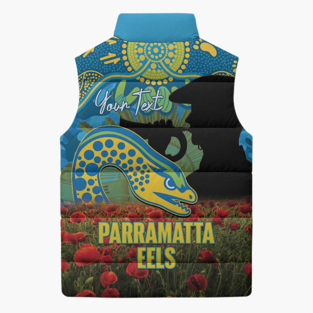 Personalised Parramatta Eels Rugby ANZAC Day Sleeveless Puffer Jacket Last Post Poppy We Will Remember Them