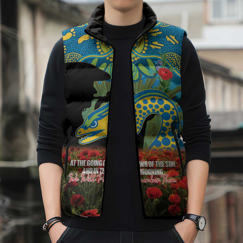 Personalised Parramatta Eels Rugby ANZAC Day Sleeveless Puffer Jacket Last Post Poppy We Will Remember Them