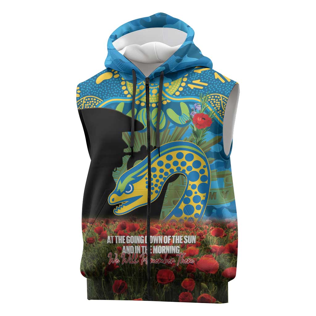 Personalised Parramatta Eels Rugby ANZAC Day Sleeveless Zip Hoodie Last Post Poppy We Will Remember Them
