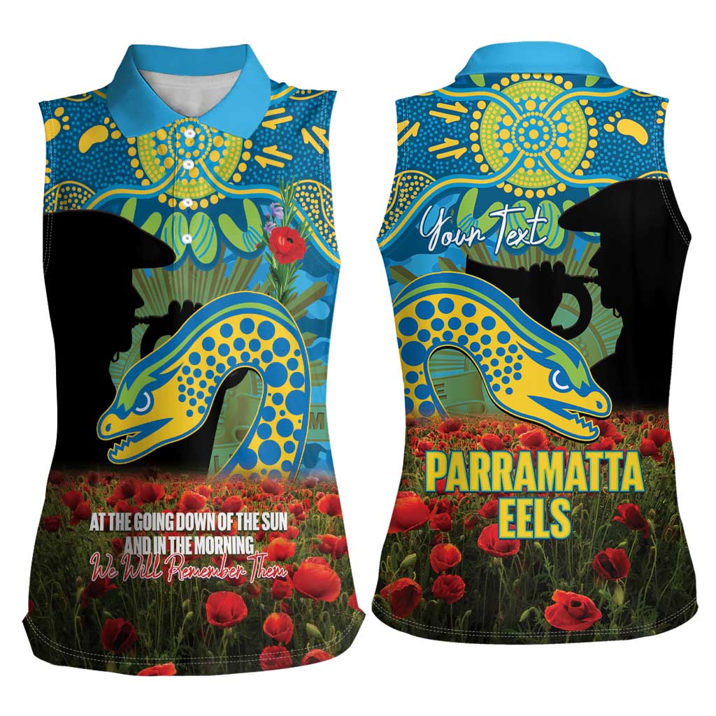 Personalised Parramatta Eels Rugby ANZAC Day Women Sleeveless Polo Shirt Last Post Poppy We Will Remember Them