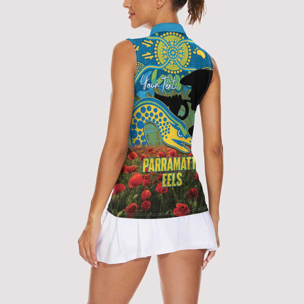 Personalised Parramatta Eels Rugby ANZAC Day Women Sleeveless Polo Shirt Last Post Poppy We Will Remember Them