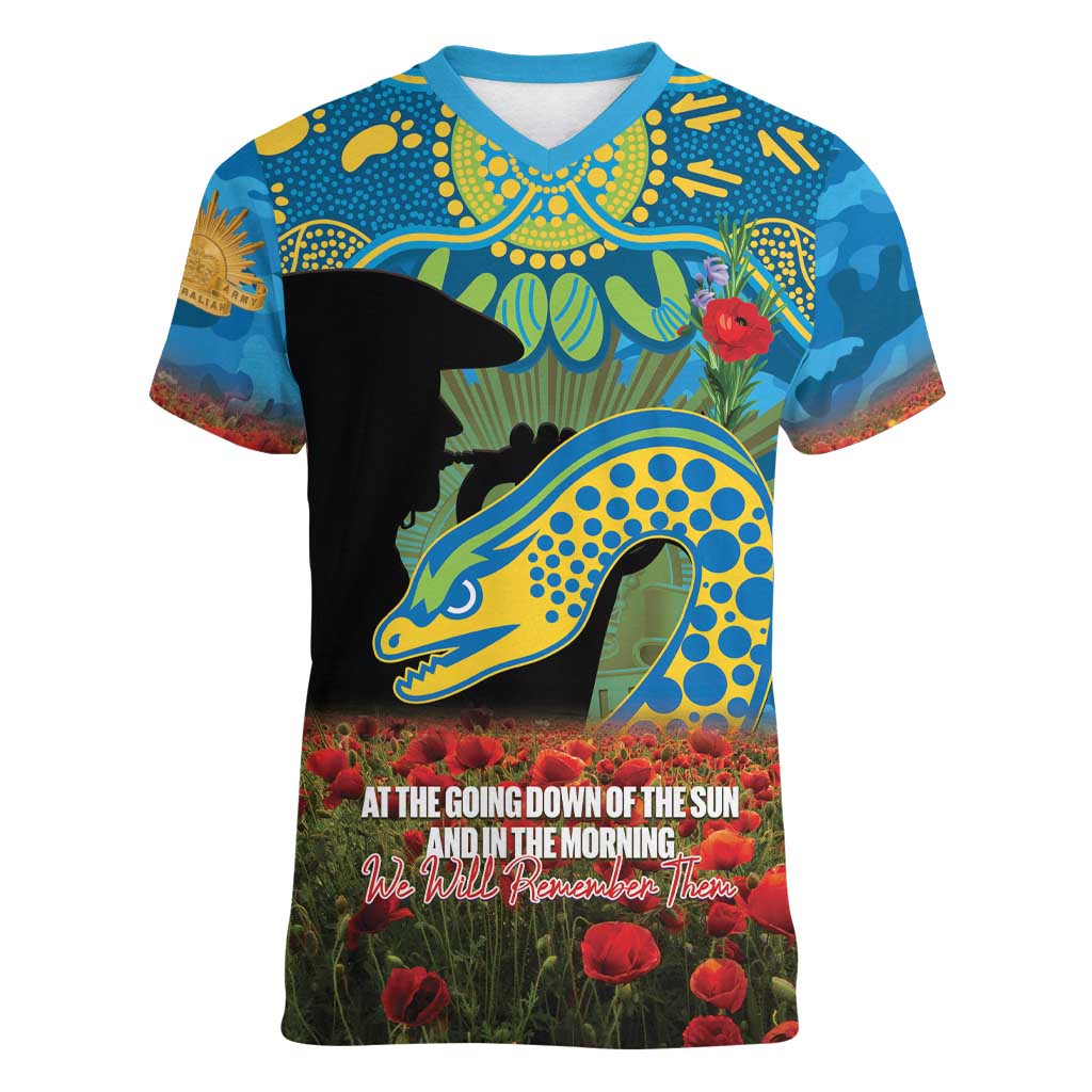 Personalised Parramatta Eels Rugby ANZAC Day Women V-Neck T-Shirt Last Post Poppy We Will Remember Them