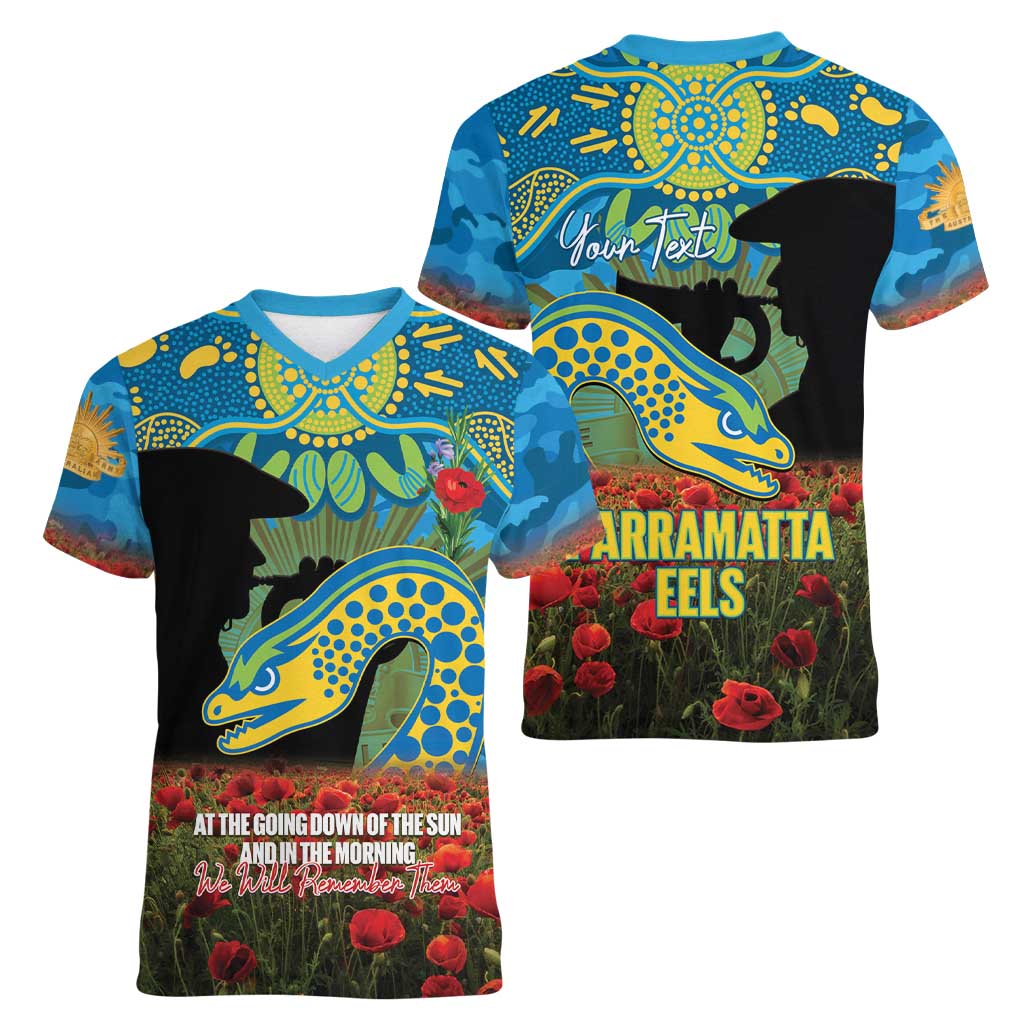 Personalised Parramatta Eels Rugby ANZAC Day Women V-Neck T-Shirt Last Post Poppy We Will Remember Them