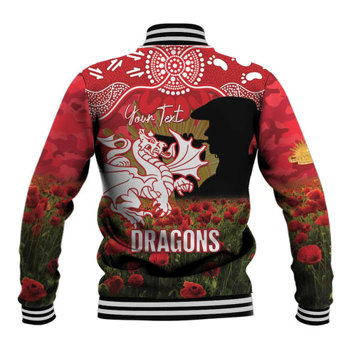 Personalised Dragons Rugby ANZAC Day Baseball Jacket Last Post Poppy We Will Remember Them