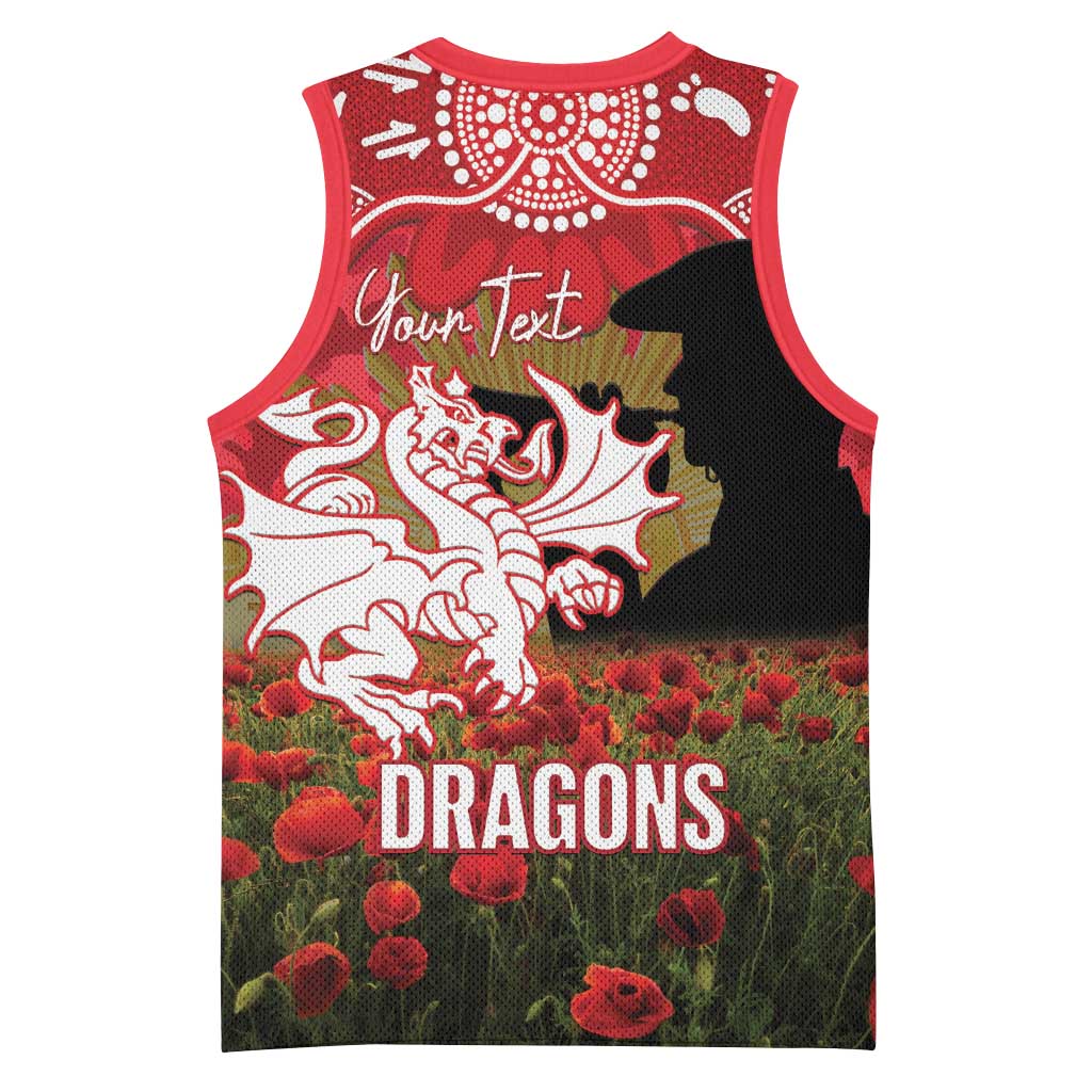 Personalised Dragons Rugby ANZAC Day Basketball Jersey Last Post Poppy We Will Remember Them