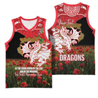 Personalised Dragons Rugby ANZAC Day Basketball Jersey Last Post Poppy We Will Remember Them