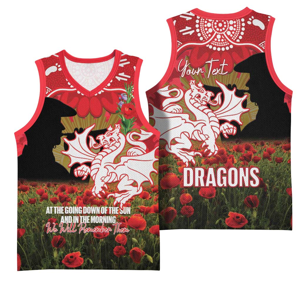 Personalised Dragons Rugby ANZAC Day Basketball Jersey Last Post Poppy We Will Remember Them