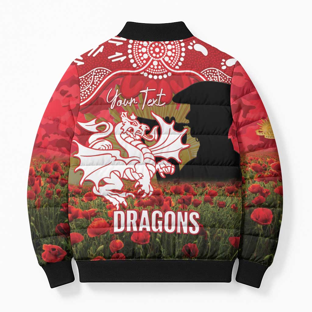 Personalised Dragons Rugby ANZAC Day Bomber Puffer Jacket Last Post Poppy We Will Remember Them