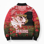 Personalised Dragons Rugby ANZAC Day Bomber Puffer Jacket Last Post Poppy We Will Remember Them