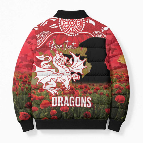 Personalised Dragons Rugby ANZAC Day Bomber Puffer Jacket Last Post Poppy We Will Remember Them
