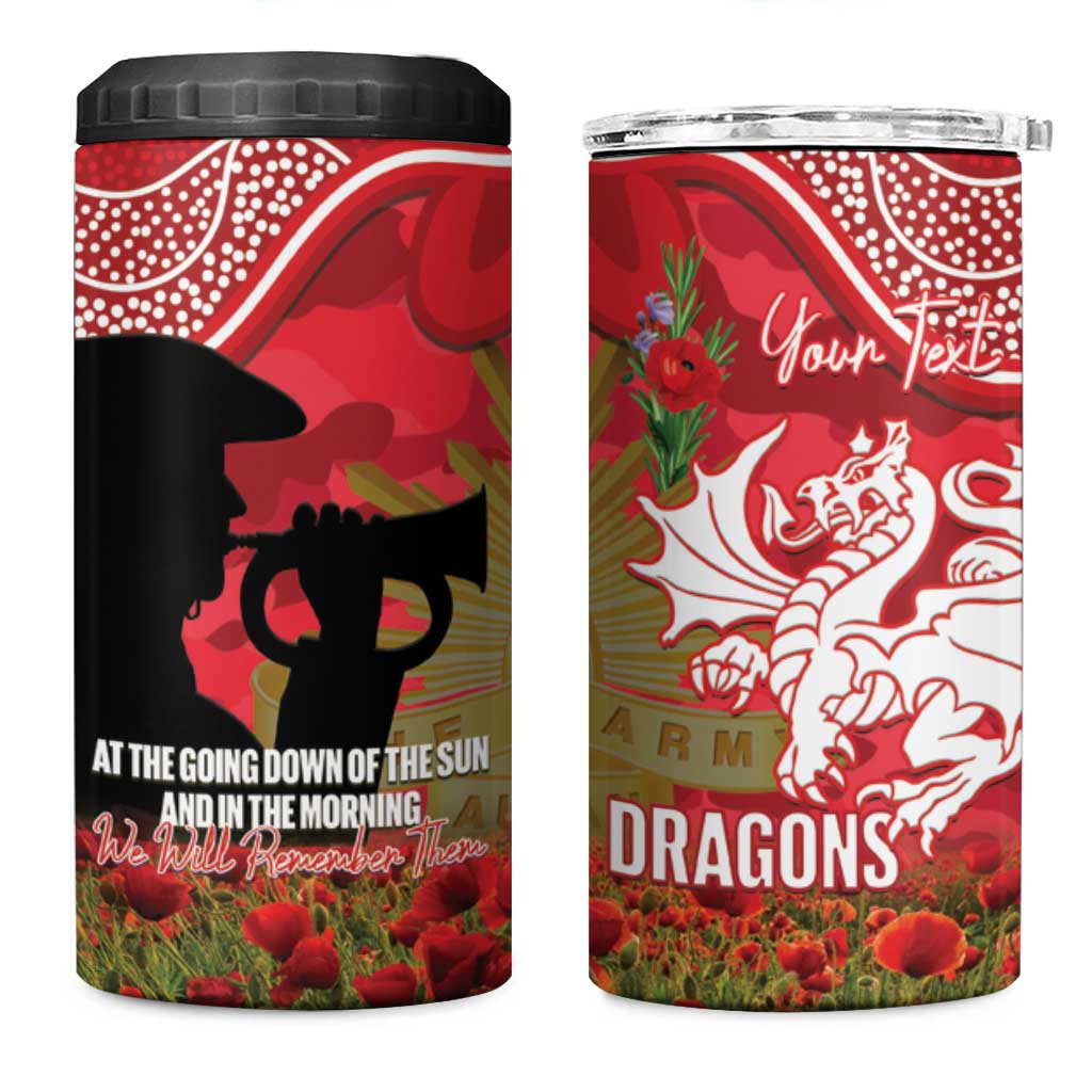 Personalised Dragons Rugby ANZAC Day 4 in 1 Can Cooler Tumbler Last Post Poppy We Will Remember Them
