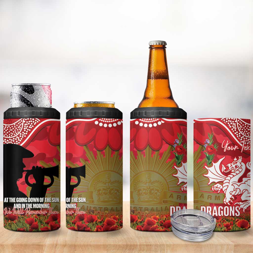 Personalised Dragons Rugby ANZAC Day 4 in 1 Can Cooler Tumbler Last Post Poppy We Will Remember Them