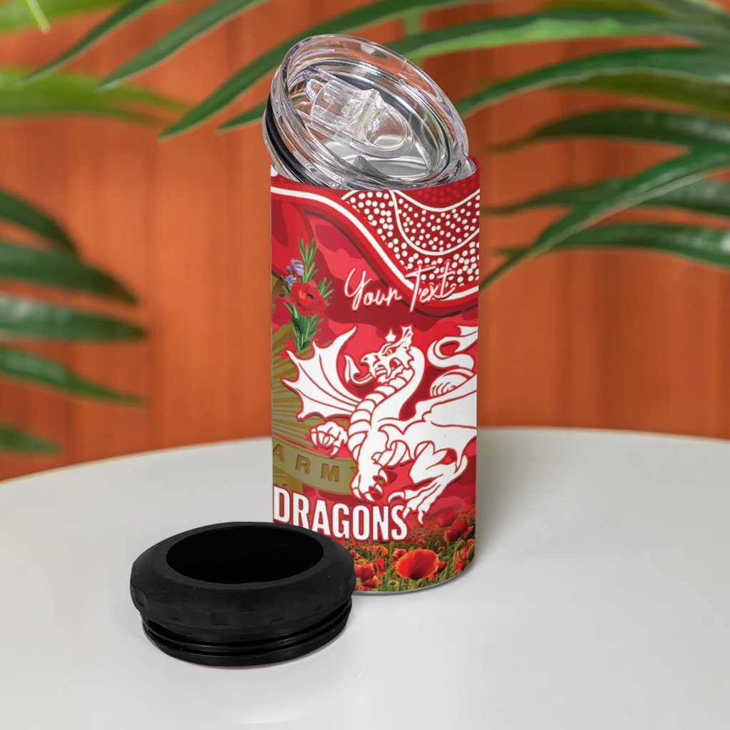 Personalised Dragons Rugby ANZAC Day 4 in 1 Can Cooler Tumbler Last Post Poppy We Will Remember Them