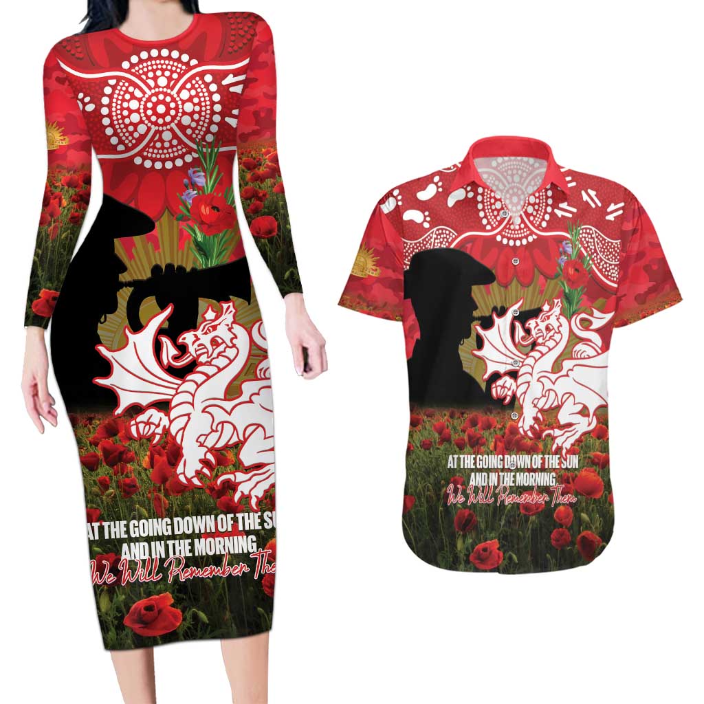 Personalised Dragons Rugby ANZAC Day Couples Matching Long Sleeve Bodycon Dress and Hawaiian Shirt Last Post Poppy We Will Remember Them