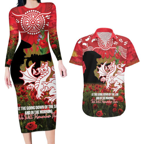 Personalised Dragons Rugby ANZAC Day Couples Matching Long Sleeve Bodycon Dress and Hawaiian Shirt Last Post Poppy We Will Remember Them