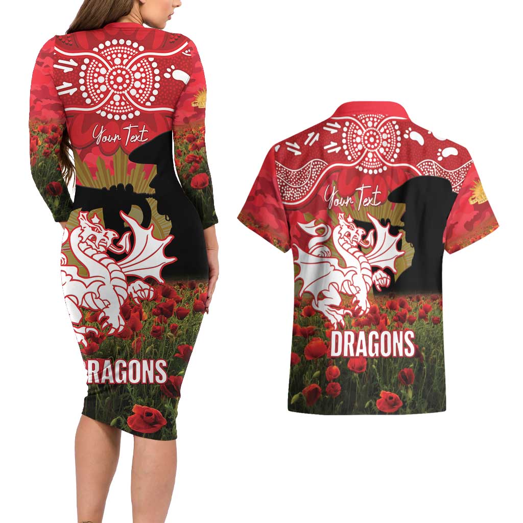 Personalised Dragons Rugby ANZAC Day Couples Matching Long Sleeve Bodycon Dress and Hawaiian Shirt Last Post Poppy We Will Remember Them