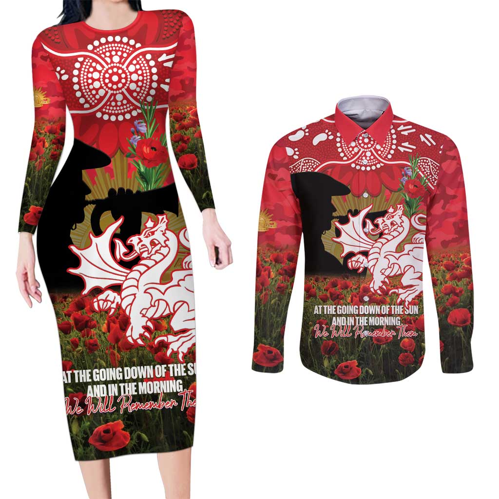 Personalised Dragons Rugby ANZAC Day Couples Matching Long Sleeve Bodycon Dress and Long Sleeve Button Shirt Last Post Poppy We Will Remember Them