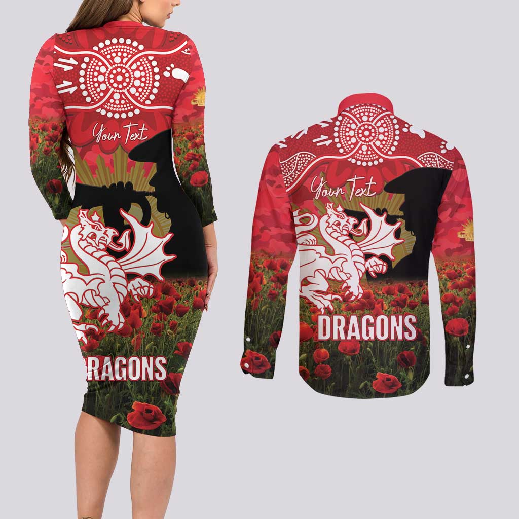 Personalised Dragons Rugby ANZAC Day Couples Matching Long Sleeve Bodycon Dress and Long Sleeve Button Shirt Last Post Poppy We Will Remember Them