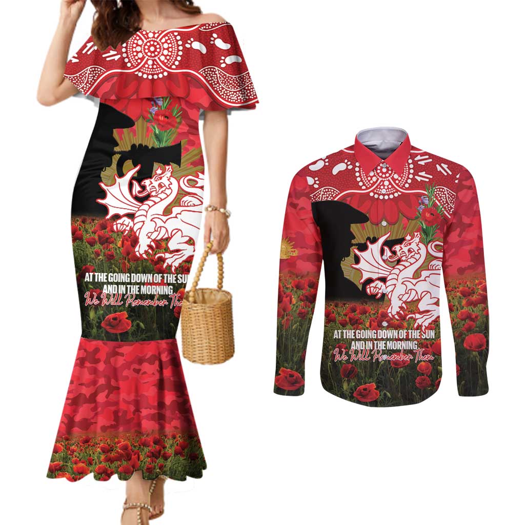 Personalised Dragons Rugby ANZAC Day Couples Matching Mermaid Dress and Long Sleeve Button Shirt Last Post Poppy We Will Remember Them