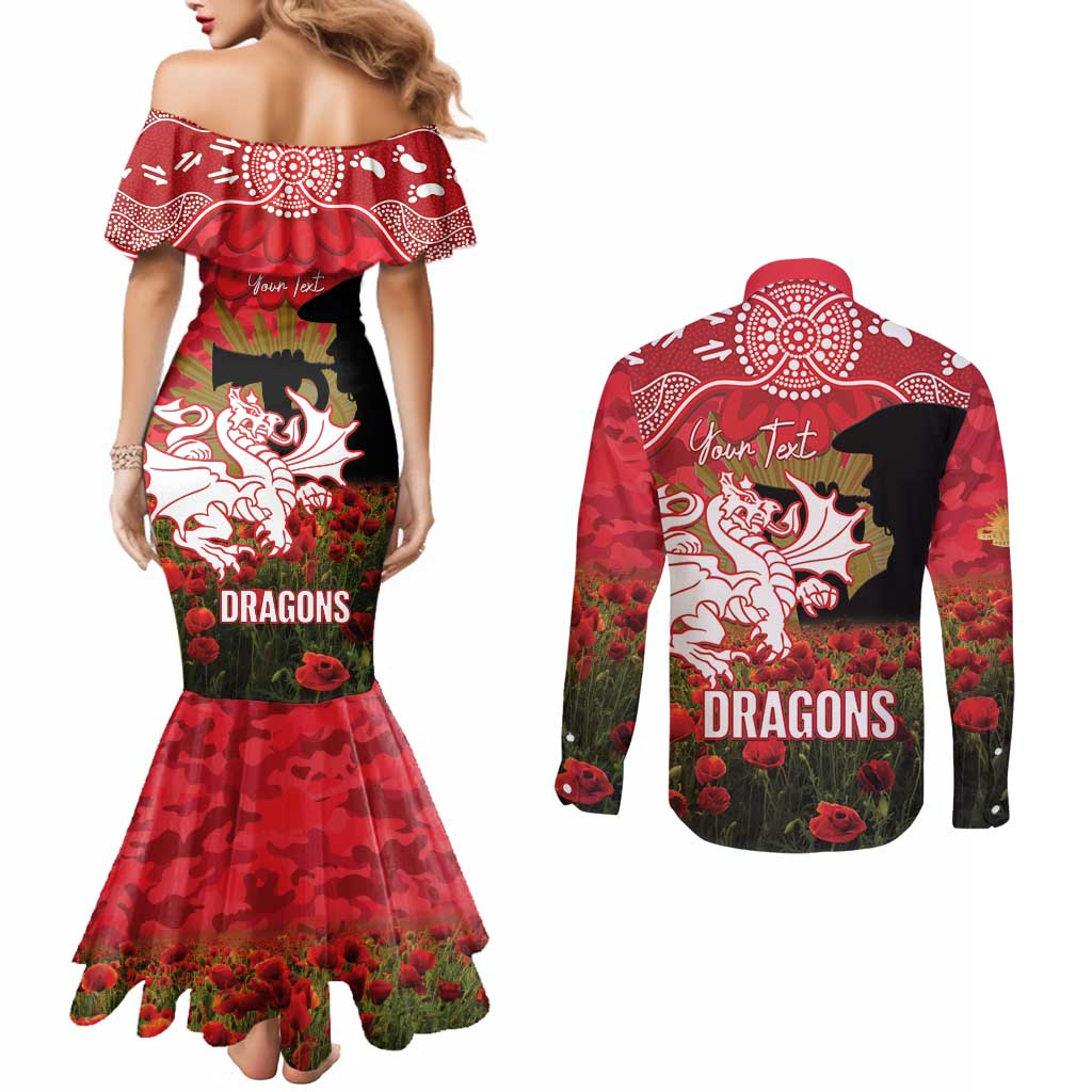 Personalised Dragons Rugby ANZAC Day Couples Matching Mermaid Dress and Long Sleeve Button Shirt Last Post Poppy We Will Remember Them
