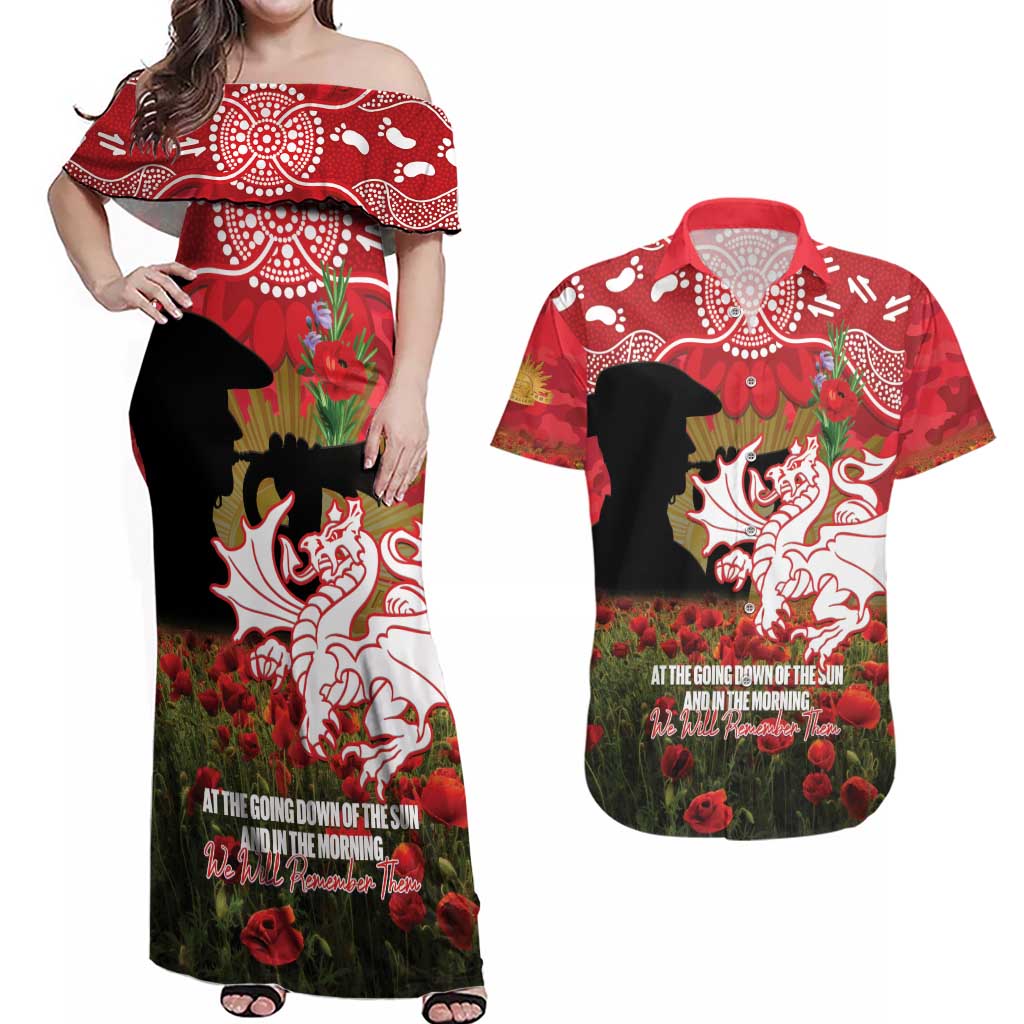 Personalised Dragons Rugby ANZAC Day Couples Matching Off Shoulder Maxi Dress and Hawaiian Shirt Last Post Poppy We Will Remember Them