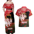 Personalised Dragons Rugby ANZAC Day Couples Matching Off Shoulder Maxi Dress and Hawaiian Shirt Last Post Poppy We Will Remember Them