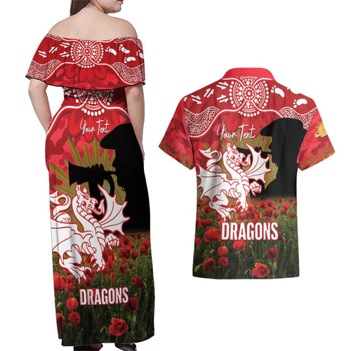 Personalised Dragons Rugby ANZAC Day Couples Matching Off Shoulder Maxi Dress and Hawaiian Shirt Last Post Poppy We Will Remember Them