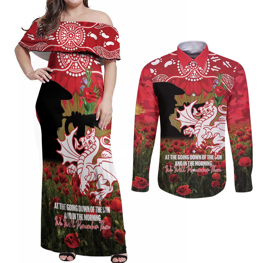 Personalised Dragons Rugby ANZAC Day Couples Matching Off Shoulder Maxi Dress and Long Sleeve Button Shirt Last Post Poppy We Will Remember Them