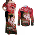 Personalised Dragons Rugby ANZAC Day Couples Matching Off Shoulder Maxi Dress and Long Sleeve Button Shirt Last Post Poppy We Will Remember Them