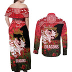 Personalised Dragons Rugby ANZAC Day Couples Matching Off Shoulder Maxi Dress and Long Sleeve Button Shirt Last Post Poppy We Will Remember Them