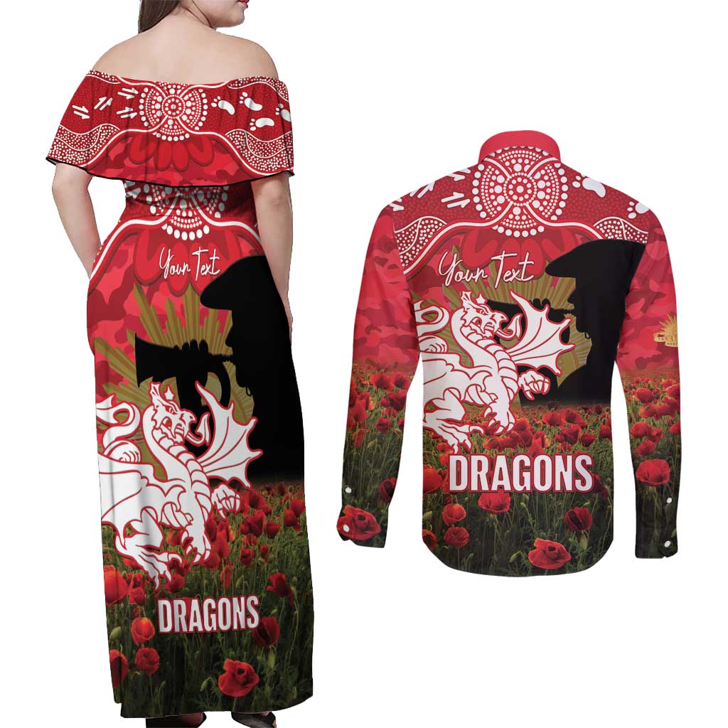 Personalised Dragons Rugby ANZAC Day Couples Matching Off Shoulder Maxi Dress and Long Sleeve Button Shirt Last Post Poppy We Will Remember Them