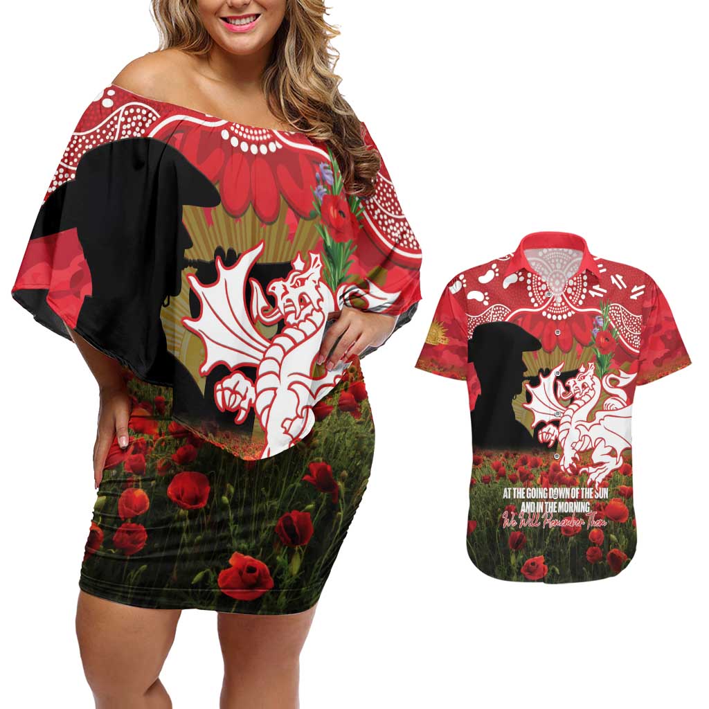 Personalised Dragons Rugby ANZAC Day Couples Matching Off Shoulder Short Dress and Hawaiian Shirt Last Post Poppy We Will Remember Them