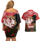 Personalised Dragons Rugby ANZAC Day Couples Matching Off Shoulder Short Dress and Hawaiian Shirt Last Post Poppy We Will Remember Them