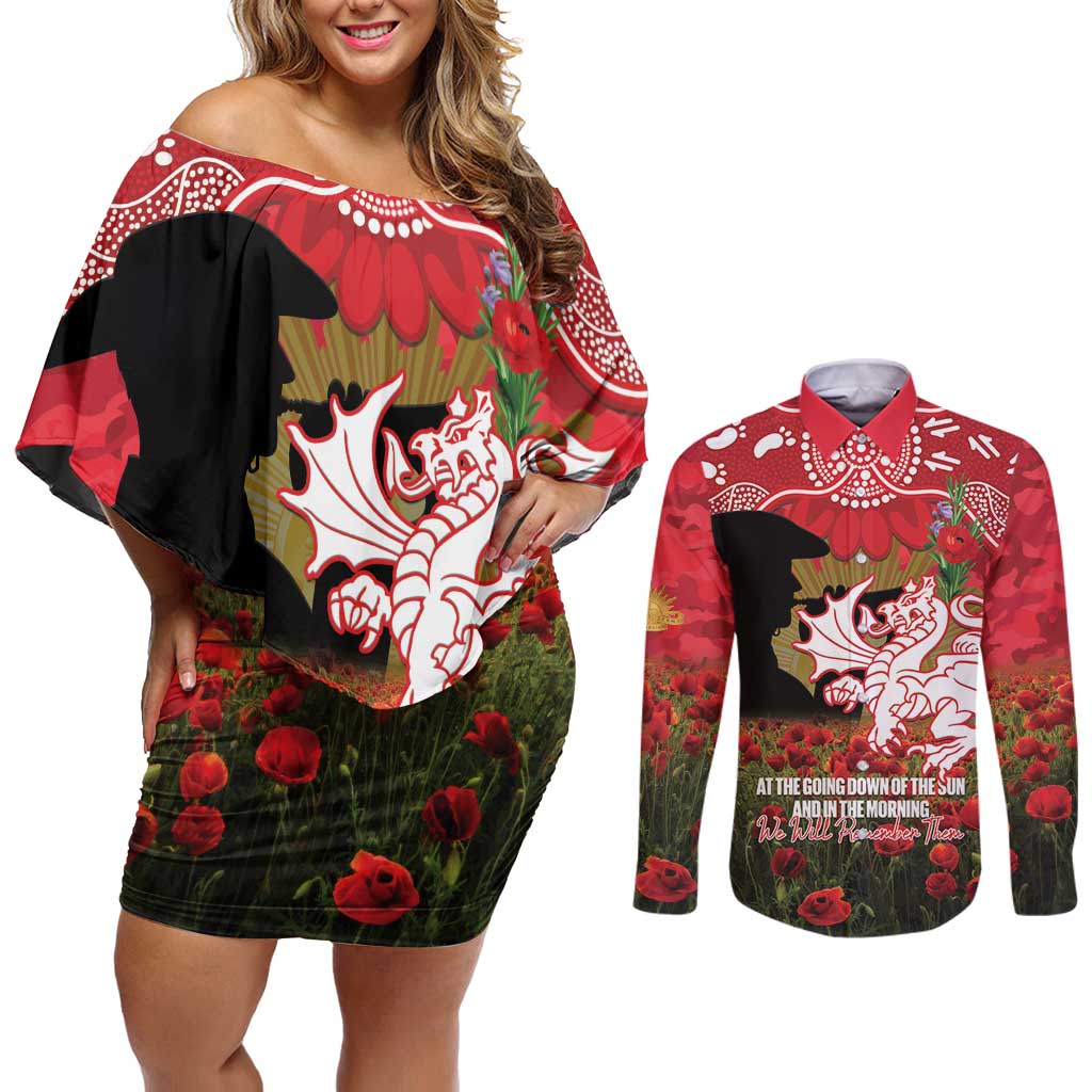 Personalised Dragons Rugby ANZAC Day Couples Matching Off Shoulder Short Dress and Long Sleeve Button Shirt Last Post Poppy We Will Remember Them