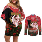 Personalised Dragons Rugby ANZAC Day Couples Matching Off Shoulder Short Dress and Long Sleeve Button Shirt Last Post Poppy We Will Remember Them