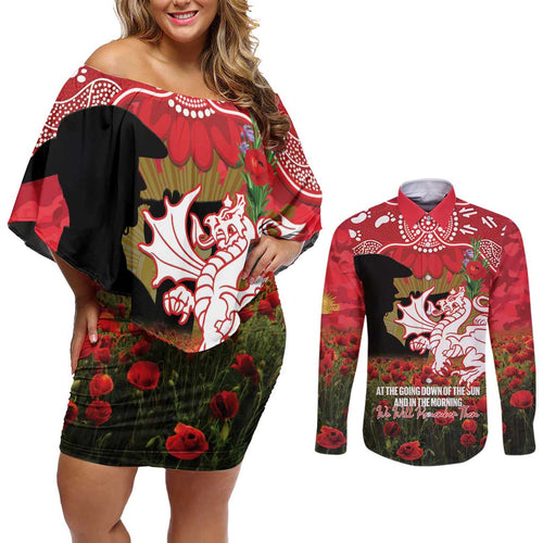 Personalised Dragons Rugby ANZAC Day Couples Matching Off Shoulder Short Dress and Long Sleeve Button Shirt Last Post Poppy We Will Remember Them