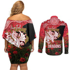 Personalised Dragons Rugby ANZAC Day Couples Matching Off Shoulder Short Dress and Long Sleeve Button Shirt Last Post Poppy We Will Remember Them