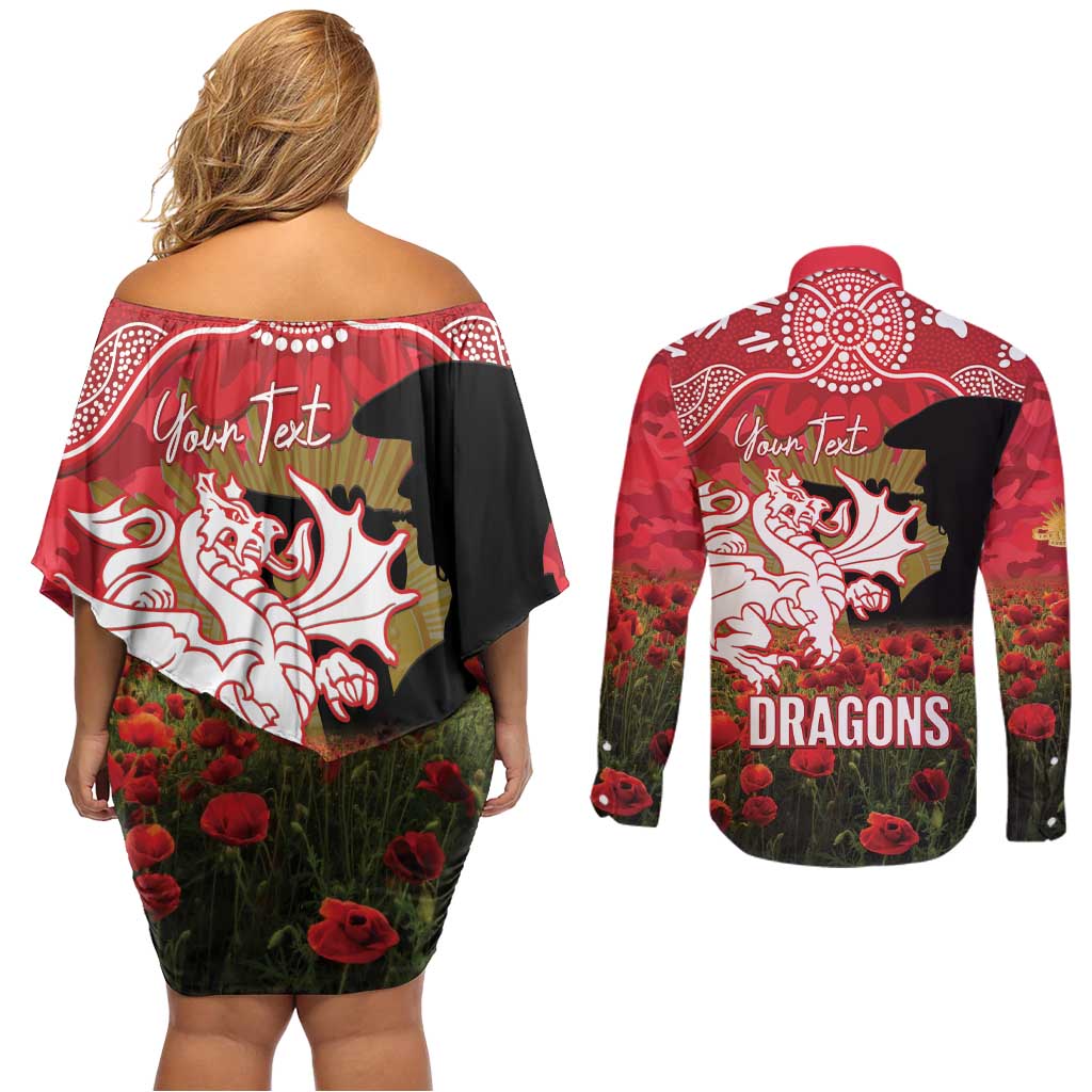 Personalised Dragons Rugby ANZAC Day Couples Matching Off Shoulder Short Dress and Long Sleeve Button Shirt Last Post Poppy We Will Remember Them