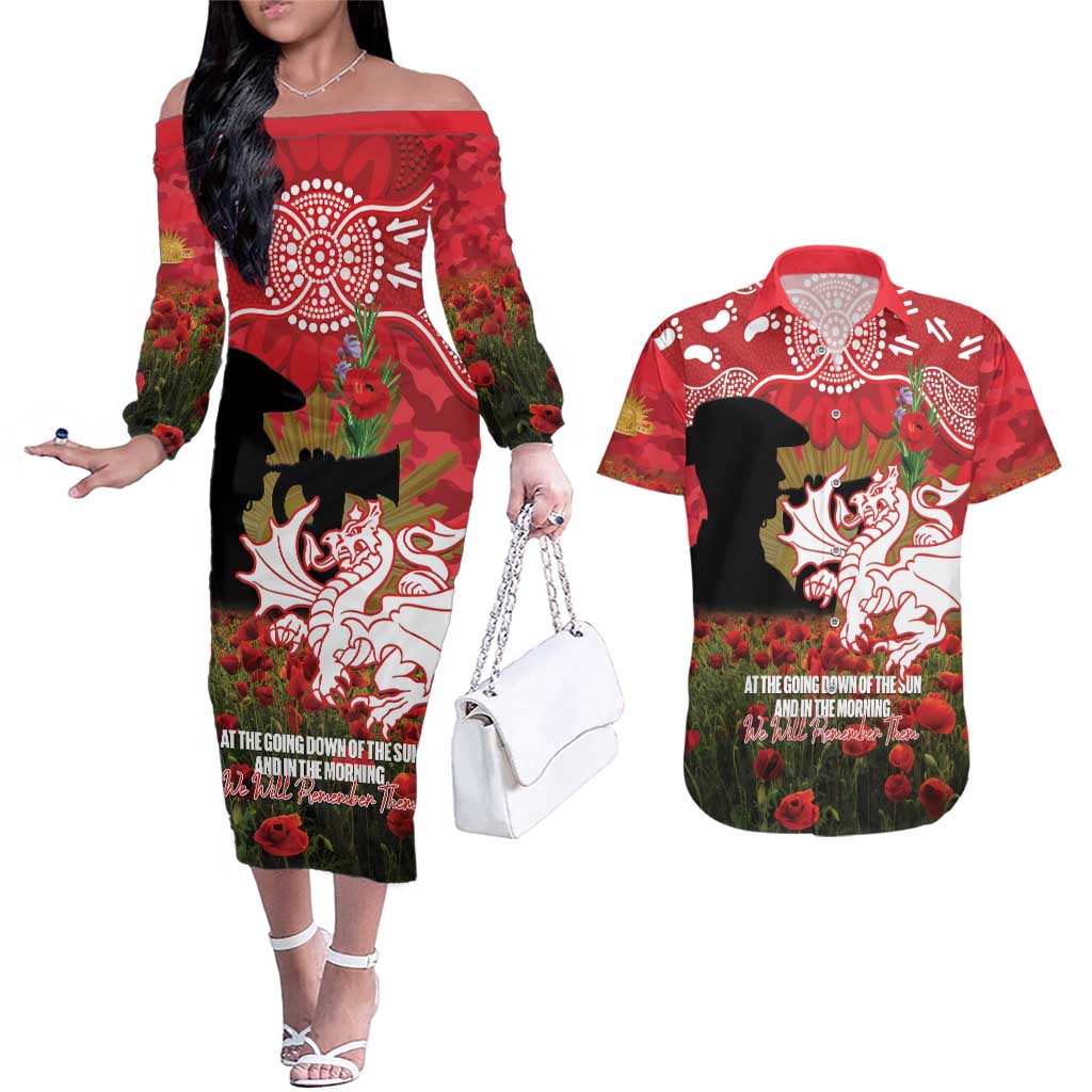 Personalised Dragons Rugby ANZAC Day Couples Matching Off The Shoulder Long Sleeve Dress and Hawaiian Shirt Last Post Poppy We Will Remember Them