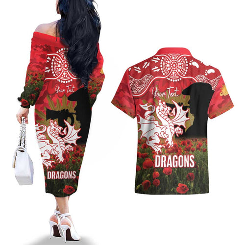 Personalised Dragons Rugby ANZAC Day Couples Matching Off The Shoulder Long Sleeve Dress and Hawaiian Shirt Last Post Poppy We Will Remember Them