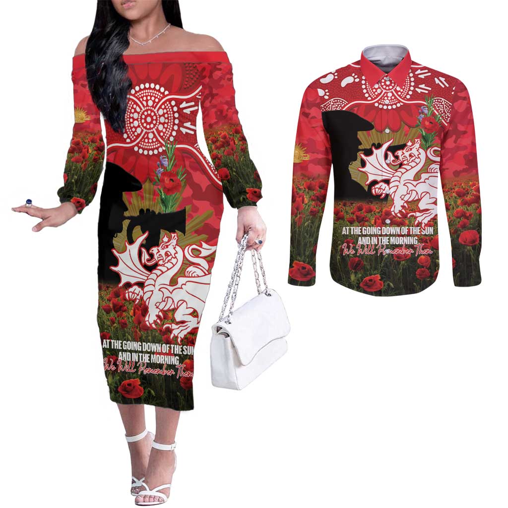 Personalised Dragons Rugby ANZAC Day Couples Matching Off The Shoulder Long Sleeve Dress and Long Sleeve Button Shirt Last Post Poppy We Will Remember Them